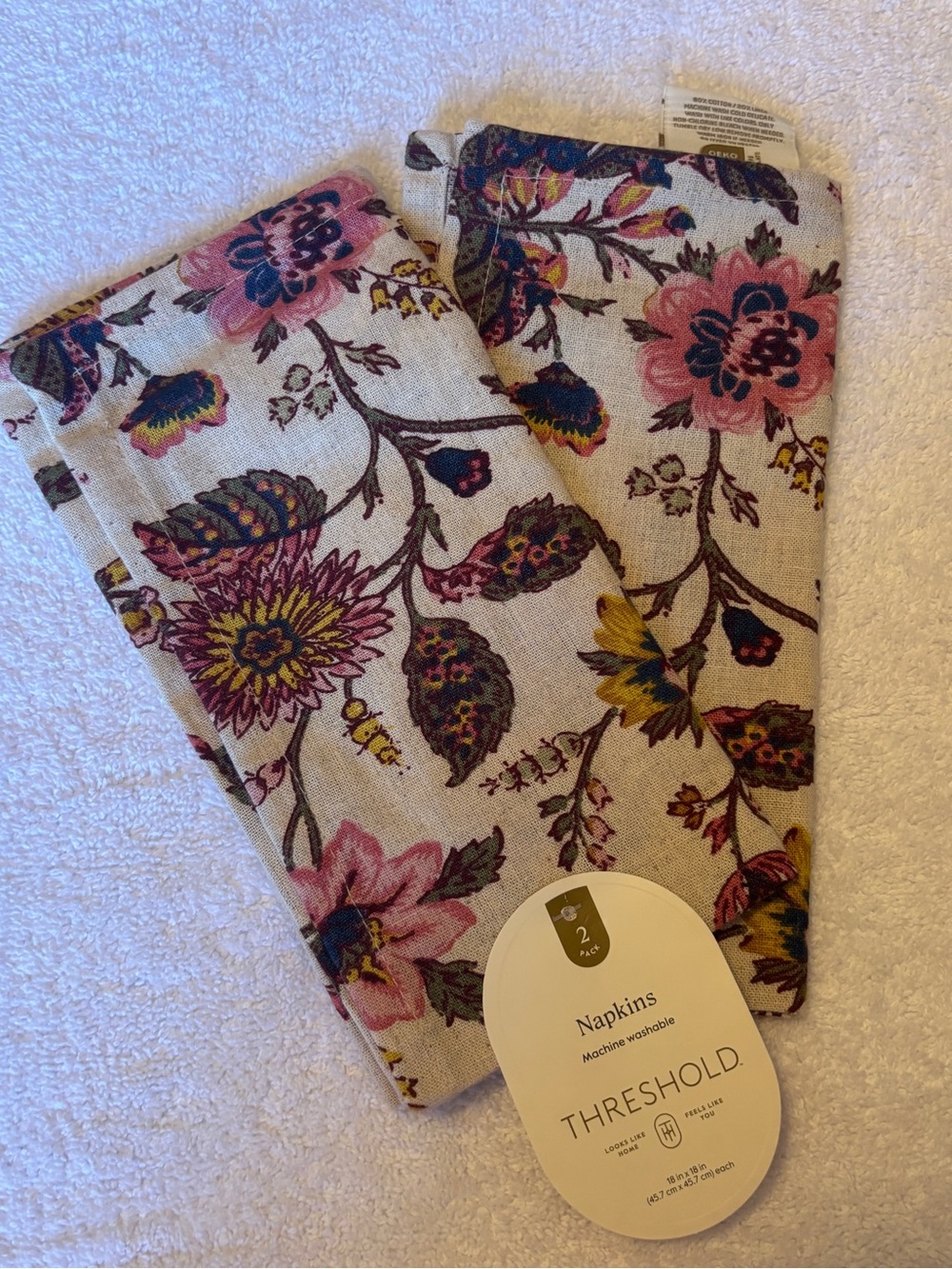 Threshold - Blue/Pink Floral Linen-Blend Set of Two Napkins 18”x18” NWT